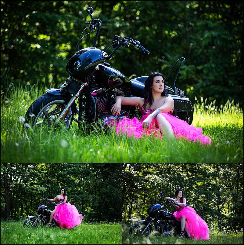 fun motorcycle shoot in pittsburgh with pink tulle skirt and black harley davidson 