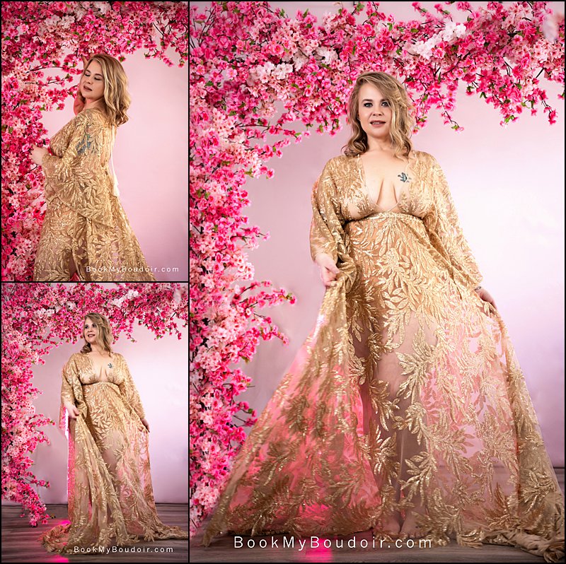 self love photo shoot pittsburgh, pittsburgh self love coach, cherry blossom photo set at pittsburgh boudoir studio, woman in gold lace gown with flowers
