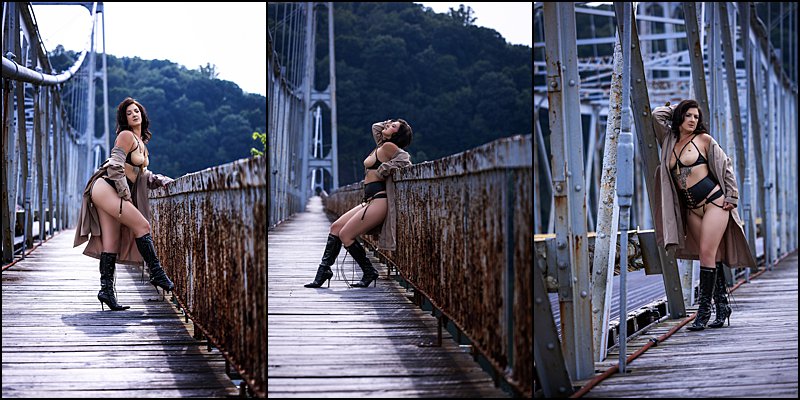 boudoir photo shoot outdoors on bridge in trench coat with lingerie underneath, cool photo shoots in pittsburgh, fantasy boudoir session
