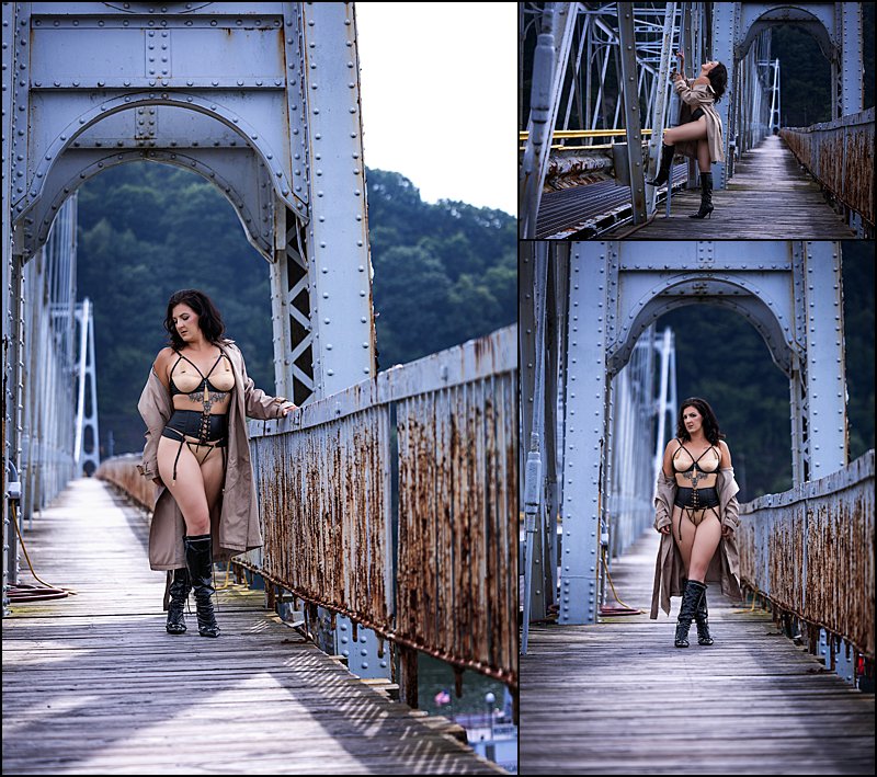 boudoir photos in pittsburgh, lingerie photo shoot on bridge in trench coat, sexy photo shoot idea with Maura Chick