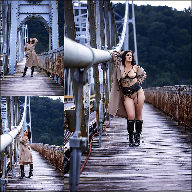 boudoir photos in pittsburgh, lingerie photo shoot on bridge in trench coat, sexy photo shoot idea with Maura Chick