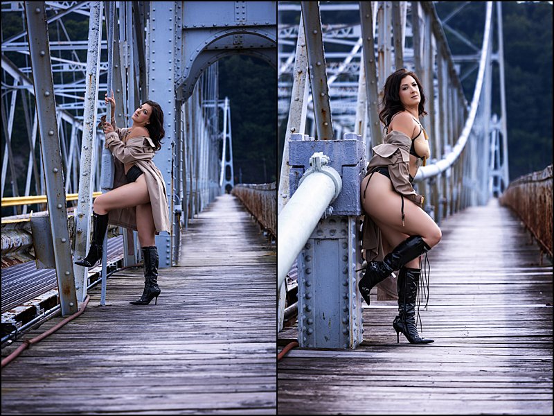 boudoir photography pittsburgh with woman posing on bridge in sexy lingerie with a trench coat, Maura Chick photo shoot