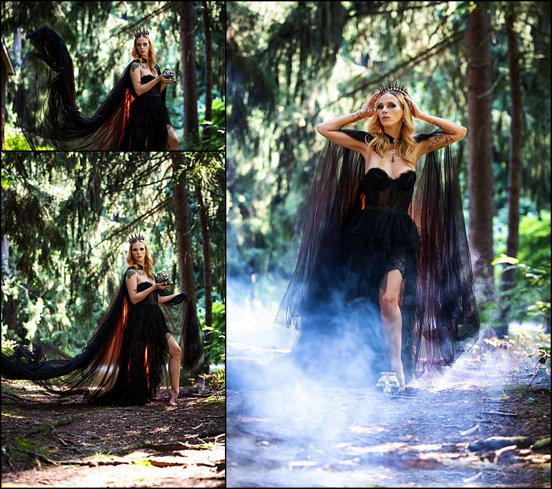 pittsburgh boudoir halloween photo session with skulls and smoke, halloween woodsy photo shoot with witch theme, woman in woods with black tulle cape and black dress pittsburgh boudoir halloween photo session with skulls and smoke, halloween woodsy photo shoot with witch theme, woman in woods with black tulle cape and black dress