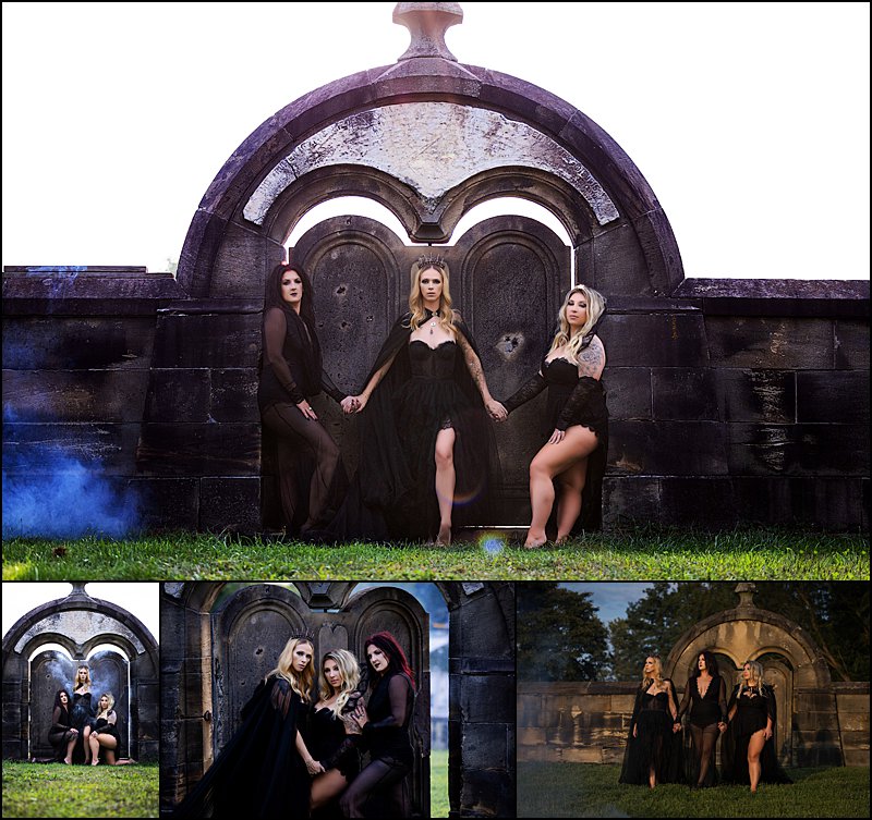 Halloween group photo shoot in cemetery, women posing in cemetery with fog and backlights, gothic halloween photo shoot in pittsburgh Halloween group photo shoot in cemetery, women posing in cemetery with fog and backlights, gothic halloween photo shoot in pittsburgh