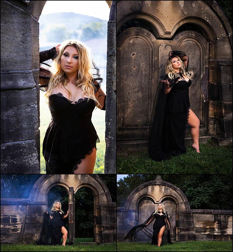 Pittsburgh HalloQUEENS photo shoot with women posing in cemetery with fog in black tulle cape and spider collar, boudoir photography with Maura Chick Pittsburgh HalloQUEENS photo shoot with women posing in cemetery with fog in black tulle cape and spider collar, boudoir photography with Maura Chick