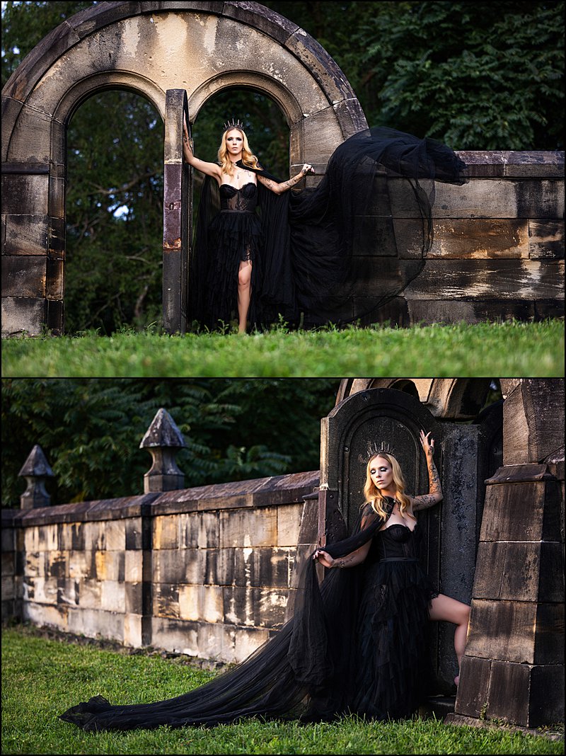 Halloween boudoir photo shoot outside in cemetery with woman in black lack dress with feather cape and fog coming from behind, fun photo shoots pittsburgh Halloween boudoir photo shoot outside in cemetery with woman in black lack dress with feather cape and fog coming from behind, fun photo shoots pittsburgh