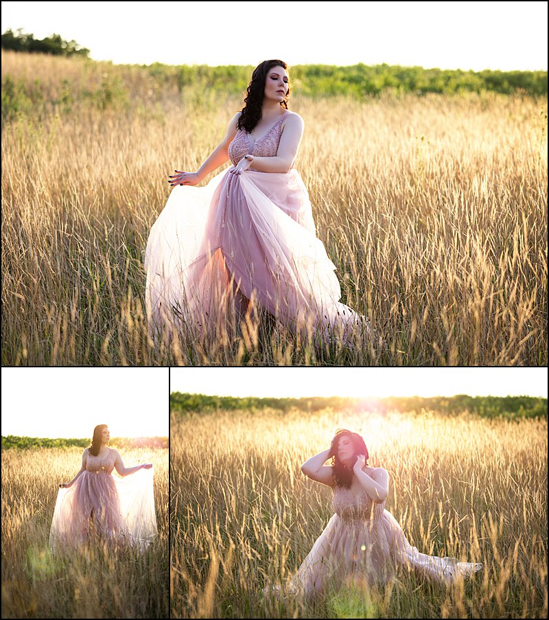 boudoir pittsburgh sunset photo shoot in grassy field, boudoir photography special photo shoot in sequin and tulle dress