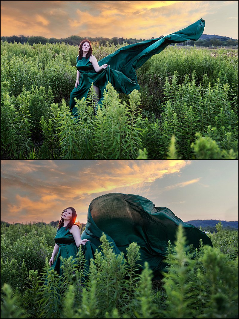 boudoir sunset photo shoot, pittsburgh photographer specializing in boudoir, green flying dress in field during sunset