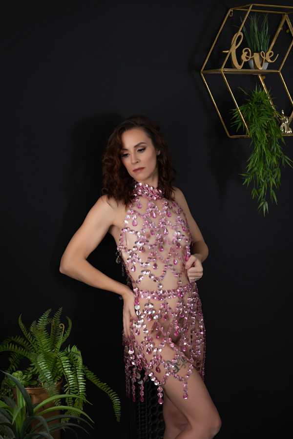 pittsburgh boudoir studio, the best pittsburgh boudoir studio woman in pink rhinestone lingerie posing in studio