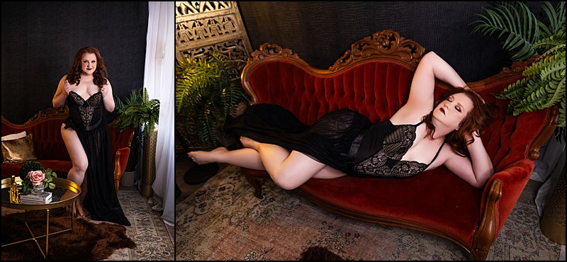 boudoir photography pittsburgh, lingerie photo shoot on red Victorian sofa at boudoir studio